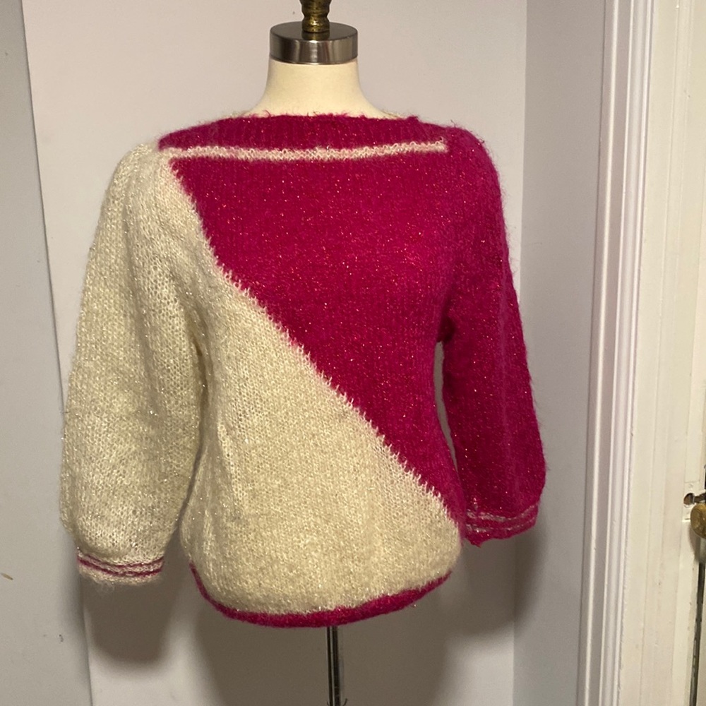 Vibrant Pink and Cream Hand Knitted 3/4 Sleeve Sweater